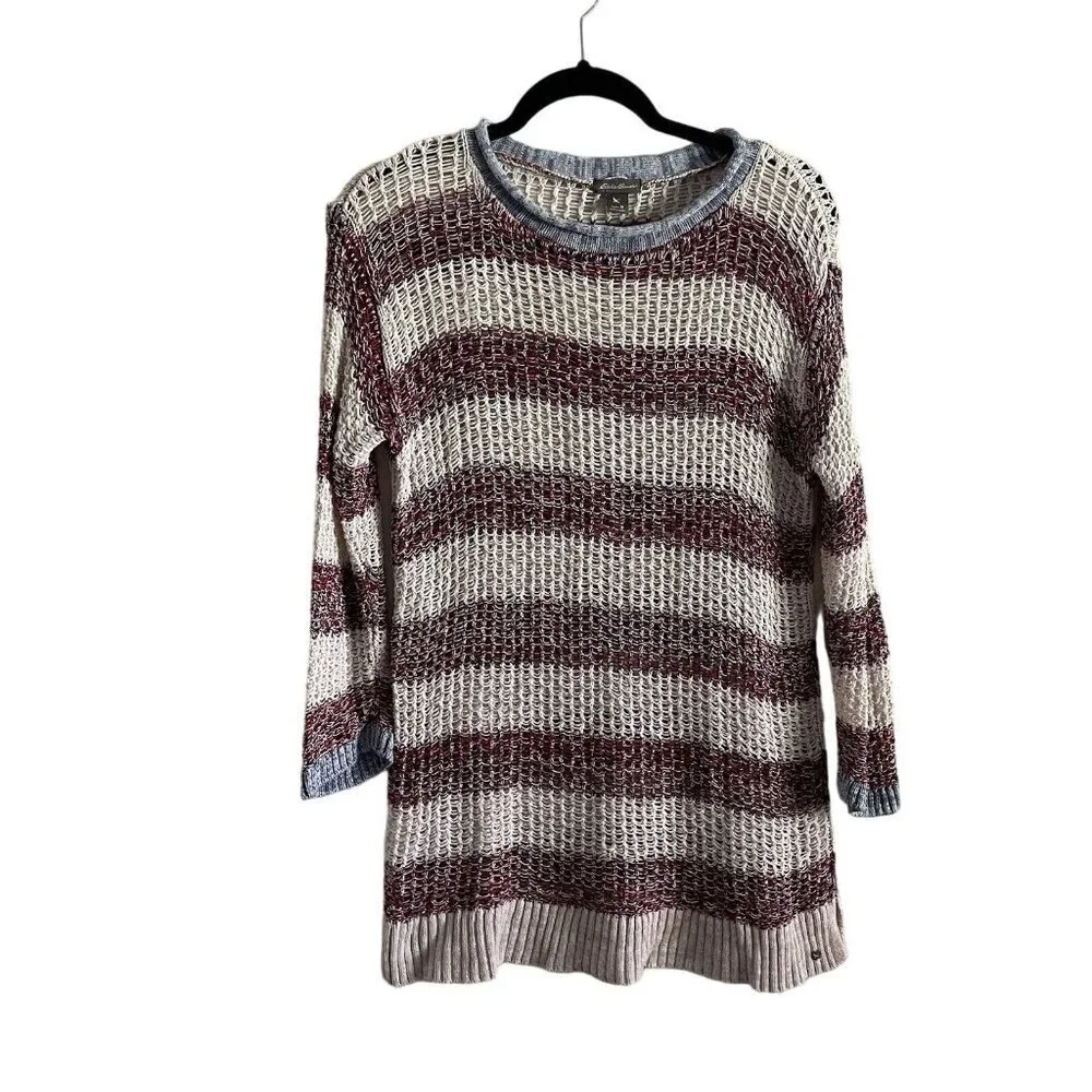 Eddie Bauer Women Sz M Ivory/Red/Blue Striped Linen Blend Knit Pullover Sweater